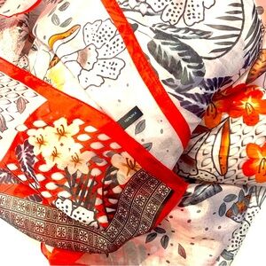 SILK FASHION Vintage Colorful Floral Scarf with Red Accents